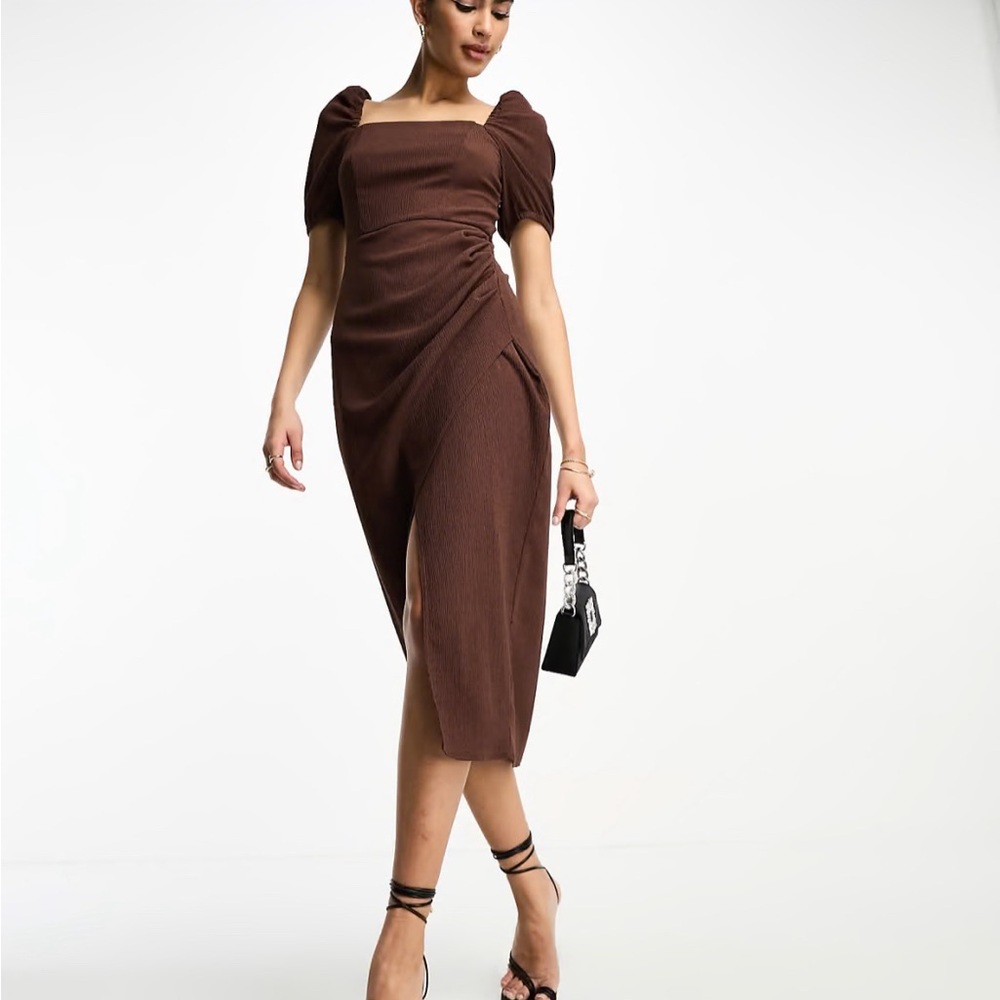 ASOS DESIGN textured square neck puff sleeve midi dress chocolate